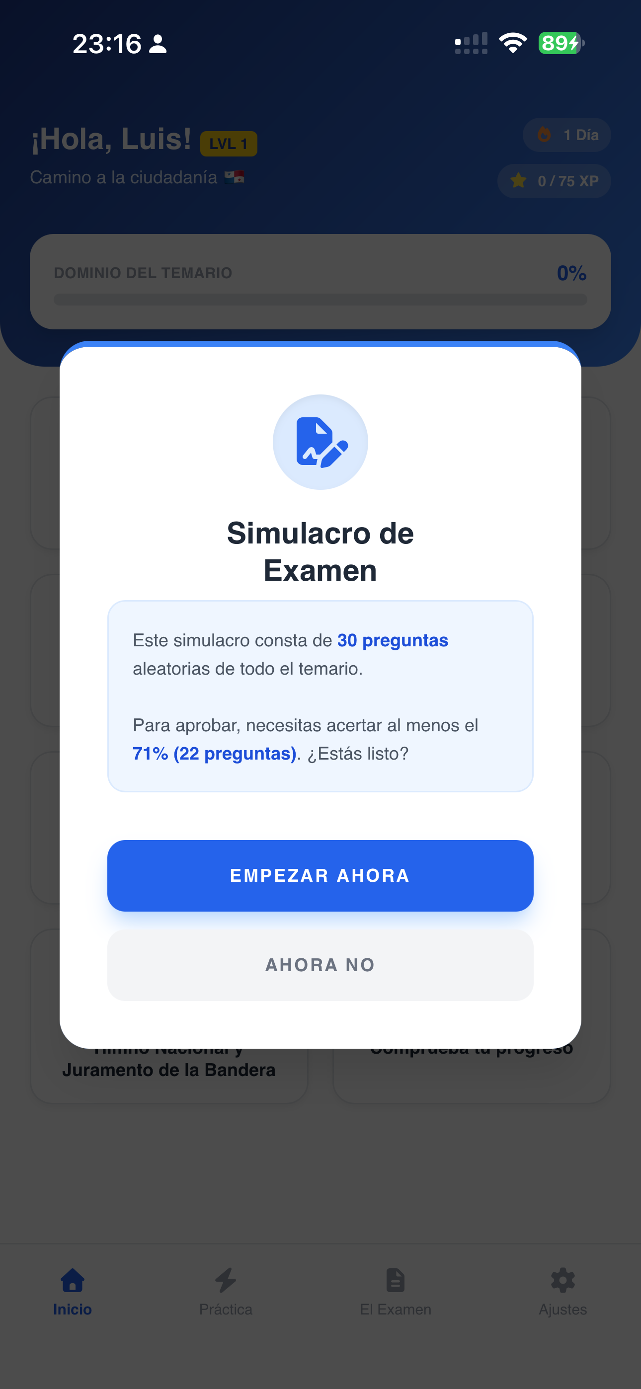 Captura 2: Simulacro de 30 preguntas con el formato real del examen